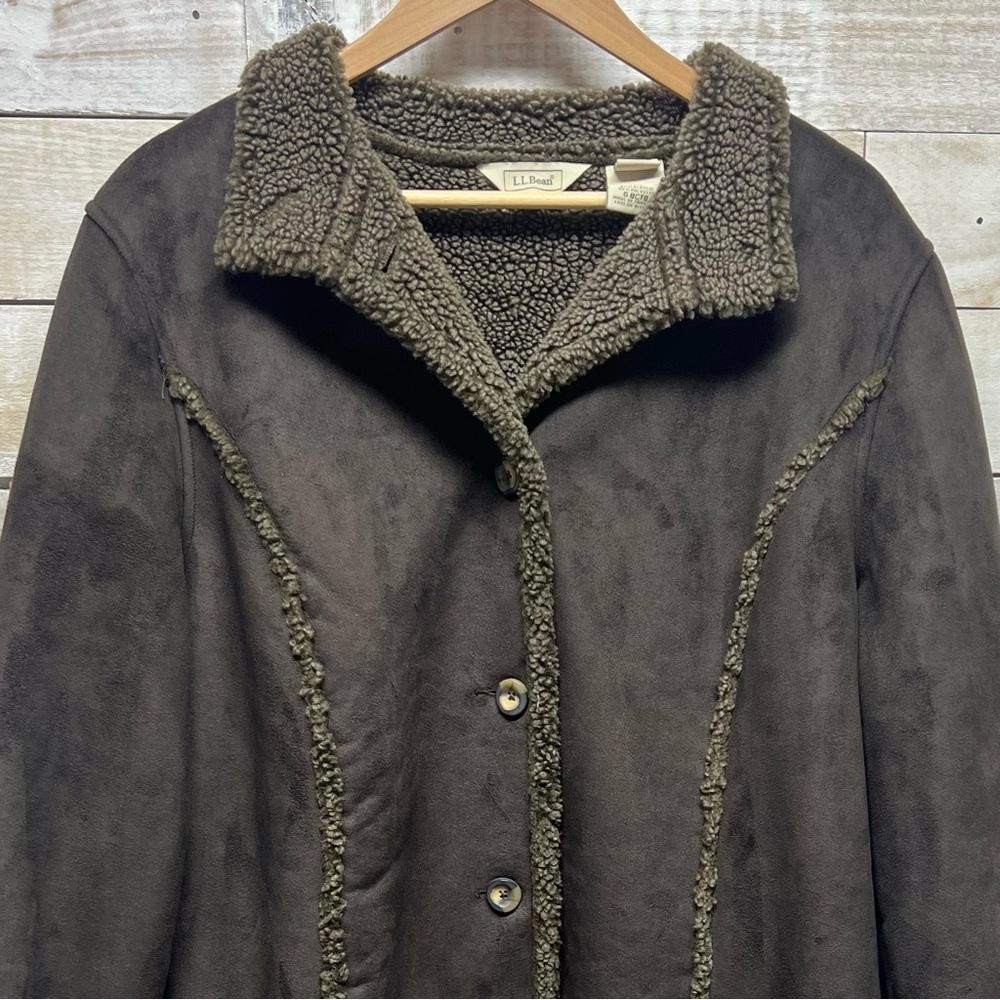 LL Bean Coat Womens XL Brown Faux Suede Sherpa Lined Shearling Jacket - Picture 3 of 11